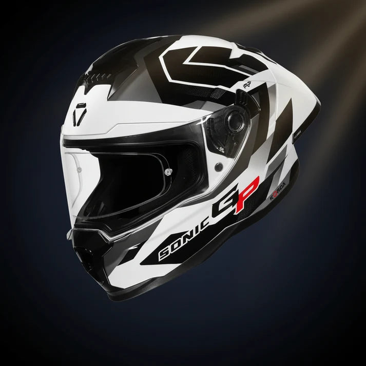 KORDA SONIC GP FLASH GLOSS WHITE BLACK FULL FACE HELMET- ECE AND ISI CERTIFIED