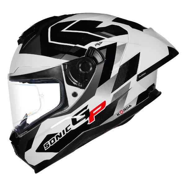 KORDA SONIC GP FLASH GLOSS WHITE BLACK FULL FACE HELMET- ECE AND ISI CERTIFIED