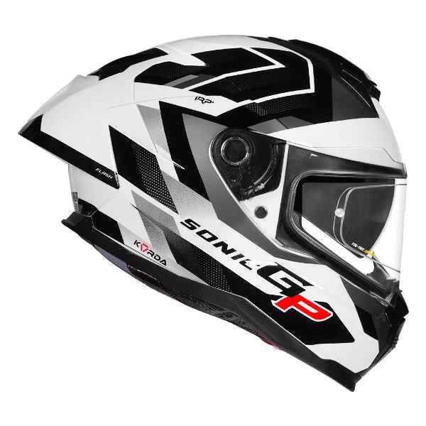 KORDA SONIC GP FLASH GLOSS WHITE BLACK FULL FACE HELMET- ECE AND ISI CERTIFIED