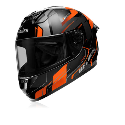 Reise Helden Full Face Riding Helmet | ISI/DOT/ECE Certified | European Design | Bluetooth Ready | Polycarbonate Shell - Orange / Black Gloss