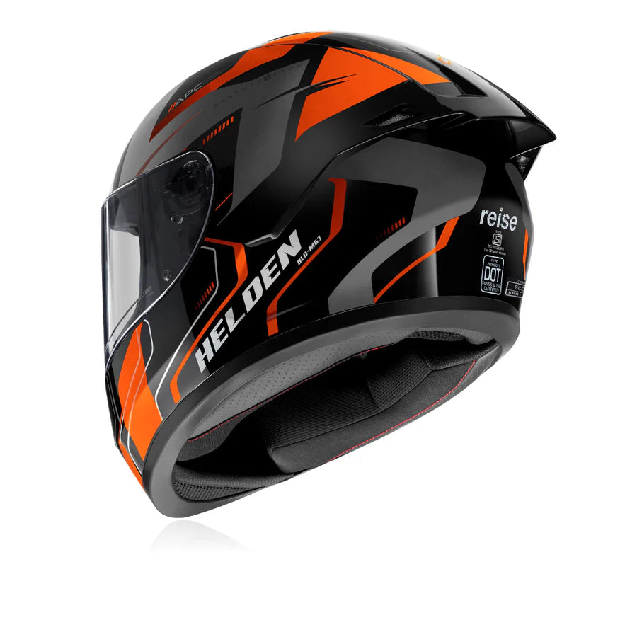 Reise Helden Full Face Riding Helmet | ISI/DOT/ECE Certified | European Design | Bluetooth Ready | Polycarbonate Shell - Orange / Black Gloss