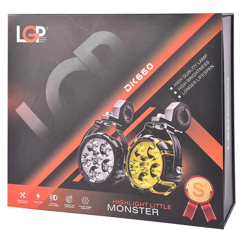 DK 660 Little Monster |  Ultra Wide Driving Fog Lights | White/Yellow | with wiring harness and Intelligent wireless button switch | 90W | 18 months warranty | LGP