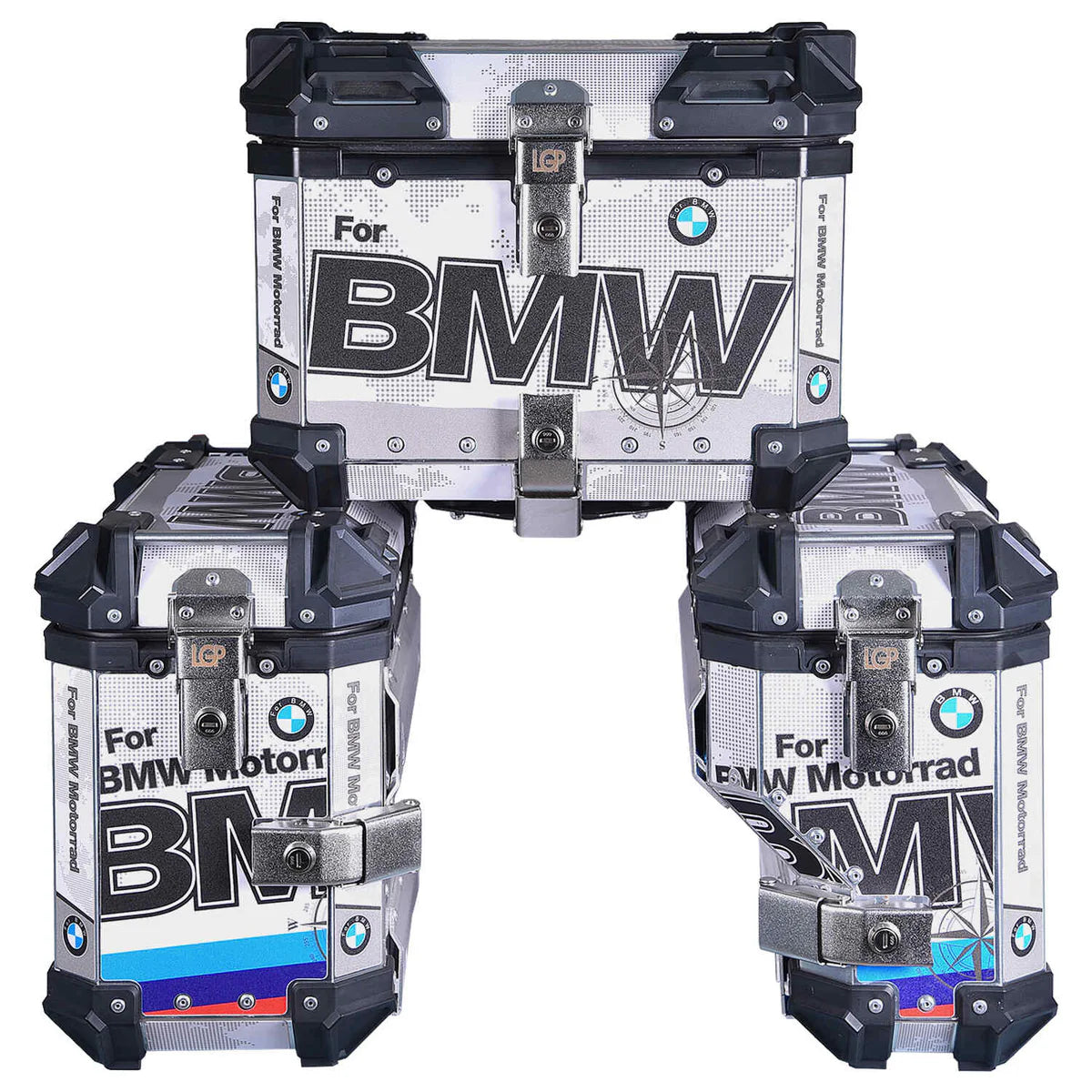 HYPER TOURER COMBO - LGP Aluminium touring panniers with top box (38L+38L+45L= 121 liters) - Set of 2 - BMW Graphics