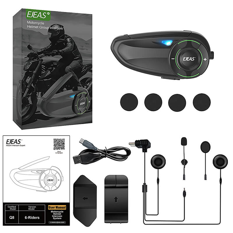 EJEAS Q8_Motorcycle Mesh Intercom, 6 Riders Group Talking at The Same Time - 1 year warranty
