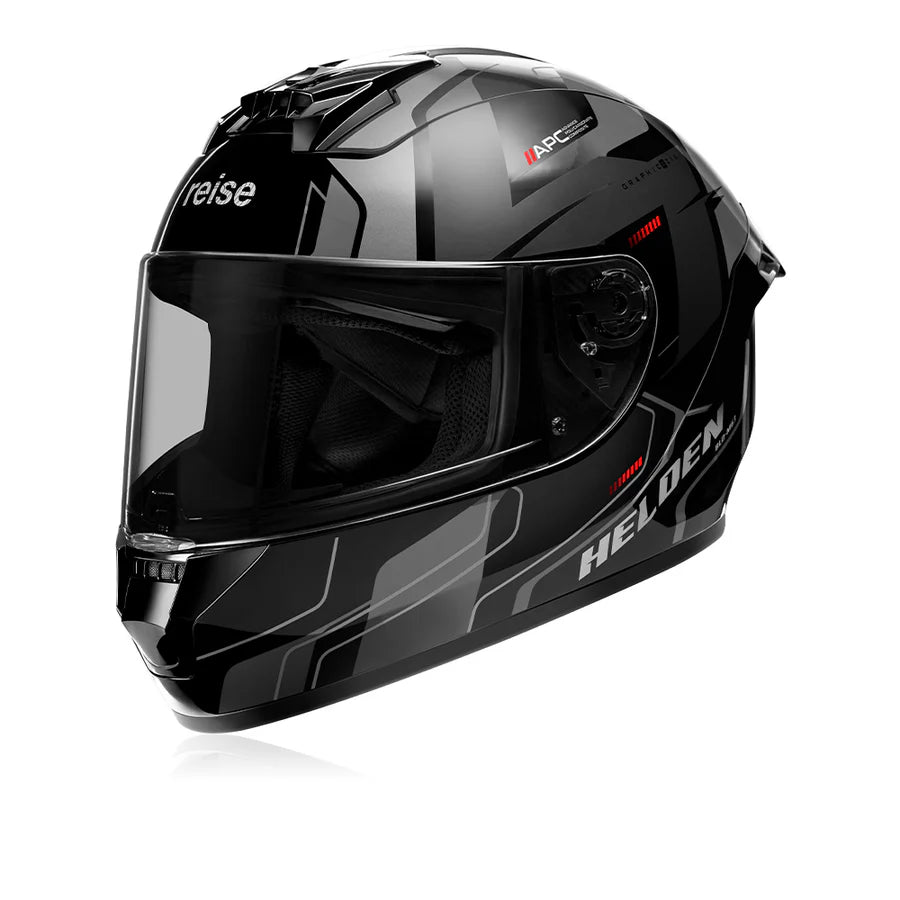 Reise Helden Full Face Riding Helmet | ISI/DOT/ECE Certified | European Design | Bluetooth Ready | Polycarbonate Shell - Grey / Black Gloss