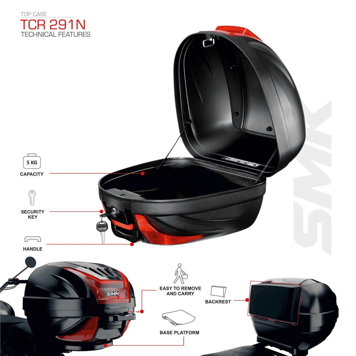 TOP BOX 29 LTRS TCR 291N Series Top Case for Two-Wheelers – SMK ( BLACK) helmet highlight 