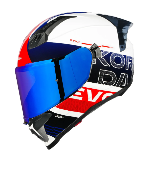 KORDA EVO Styx GLOSS WHITE BLUE and RED W/P FULL FACE HELMET ISI CERTIFIED