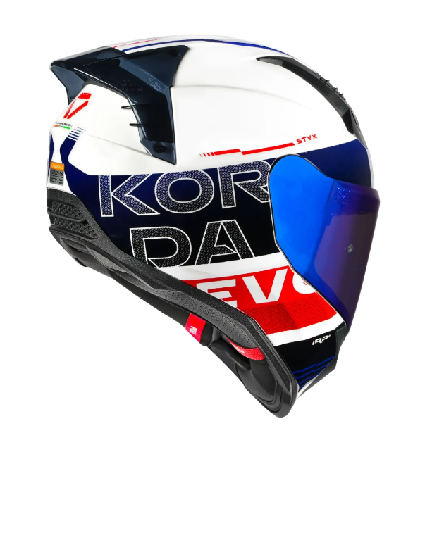 KORDA EVO Styx GLOSS WHITE BLUE and RED W/P FULL FACE HELMET ISI CERTIFIED