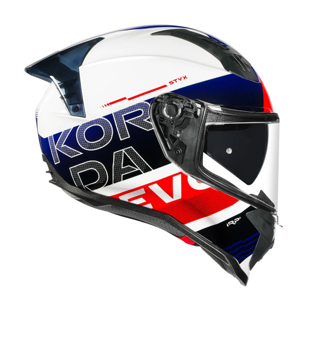 KORDA EVO Styx GLOSS WHITE BLUE and RED W/P FULL FACE HELMET ISI CERTIFIED