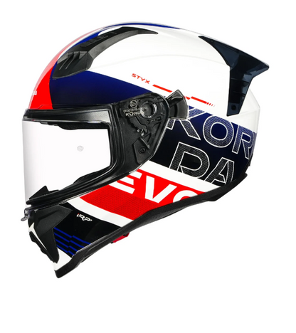 KORDA EVO Styx GLOSS WHITE BLUE and RED W/P FULL FACE HELMET ISI CERTIFIED