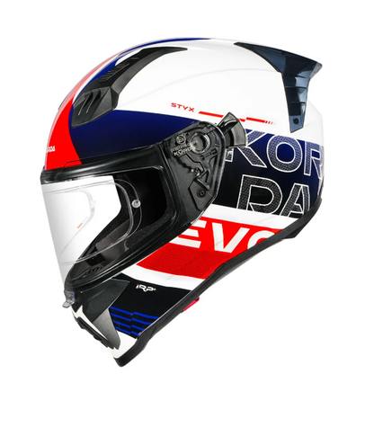 KORDA EVO Styx GLOSS WHITE BLUE and RED W/P FULL FACE HELMET ISI CERTIFIED