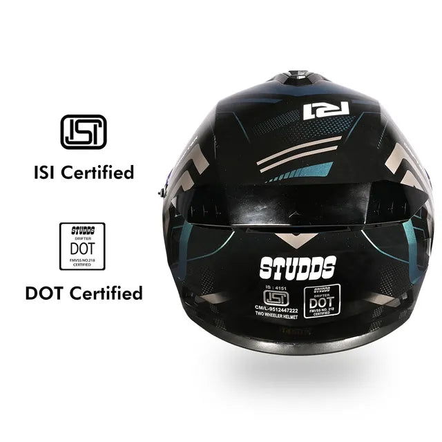 Studds Drifter D4-R1 ISI-DOT Certified Full Face Helmet | Dual Visor & Spoiler |Black Chameleon Blue