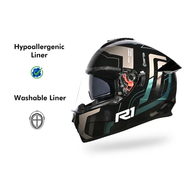 Studds Drifter D4-R1 ISI-DOT Certified Full Face Helmet | Dual Visor & Spoiler |Black Chameleon Blue