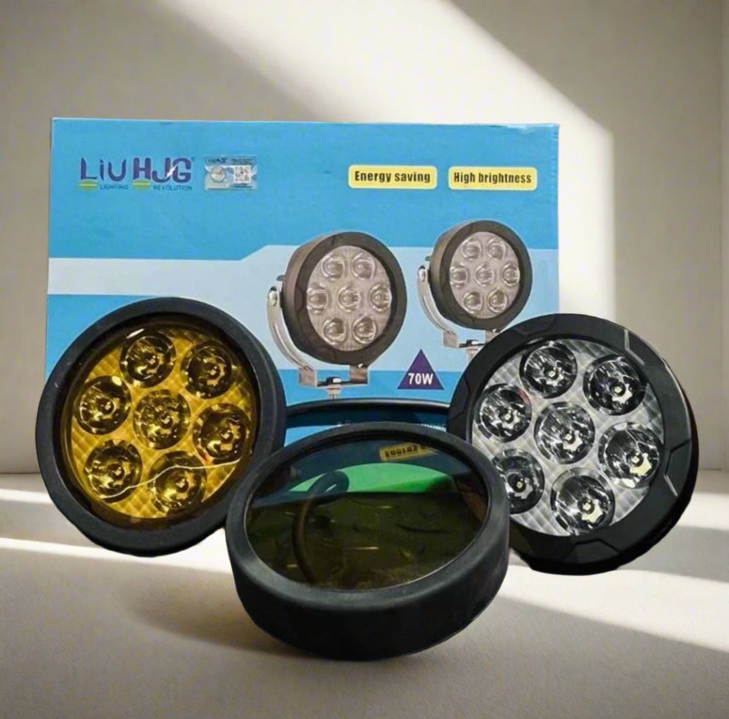 HJG 7 LED Round White Fog Light With Yellow Cap (70W) With Wiring Kit Harness And SwitchUniversal for Car, Bike and Motorcycle (set of 2) - PREMIUM