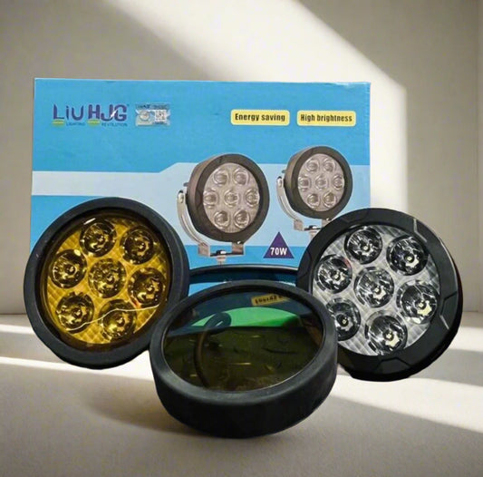 HJG 7 LED Round White Fog Light With Yellow Cap (70W) With Wiring Kit Harness And SwitchUniversal for Car, Bike and Motorcycle (set of 2) - PREMIUM