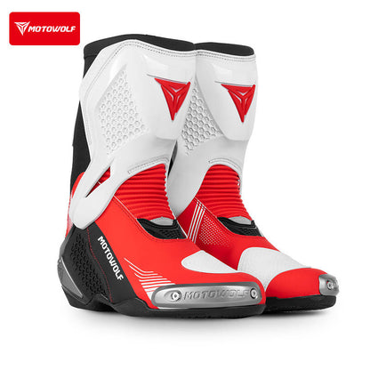 MOTOWOLF BO1 Racing Motorcycle Riding Boots for Unisex | Reinforced Protection, Anti-Slip Sole, All-Weather Riding Boots - WHITE RED