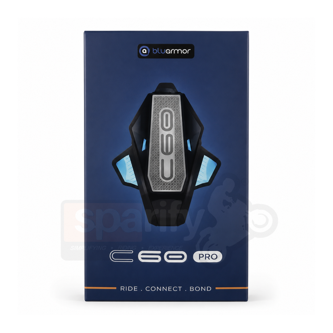 Bluarmor C60 Pro Helmet bluetooth Intercom device with ANC, Crash Detection, Direction Indicator, Earphone, GPS Navigation, Hands Free Calling, Integrated Speakers, Light Sensor, Microphone, Motion and Impact Sensors, SOS Sensor, Voice Assist