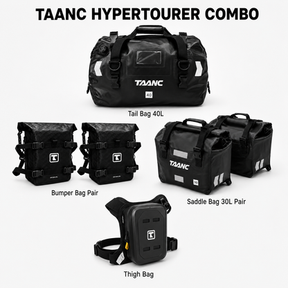 TAANC Hypertourer Combo – Waterproof Motorcycle Luggage Set with 40L Tail Bag, 30L Saddle Bags, Bumper Bag Pair & Thigh Bag - BLACK