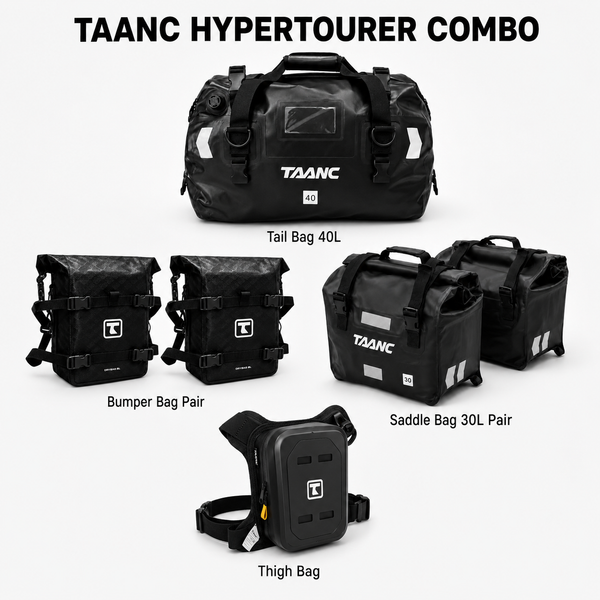 TAANC Hypertourer Combo - 02 | Waterproof Motorcycle Luggage Set with 40L Tail Bag, 30L Saddle Bags, Bumper Bag Pair & Thigh Bag - BLACK