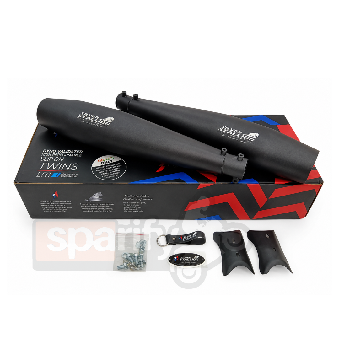 RE Interceptor 650 /GT 650 | SILVER STALLION | DYNO High Performance Exhaust System | BLACK | Twin, SS304 - LIFE TIME WARRANTY
