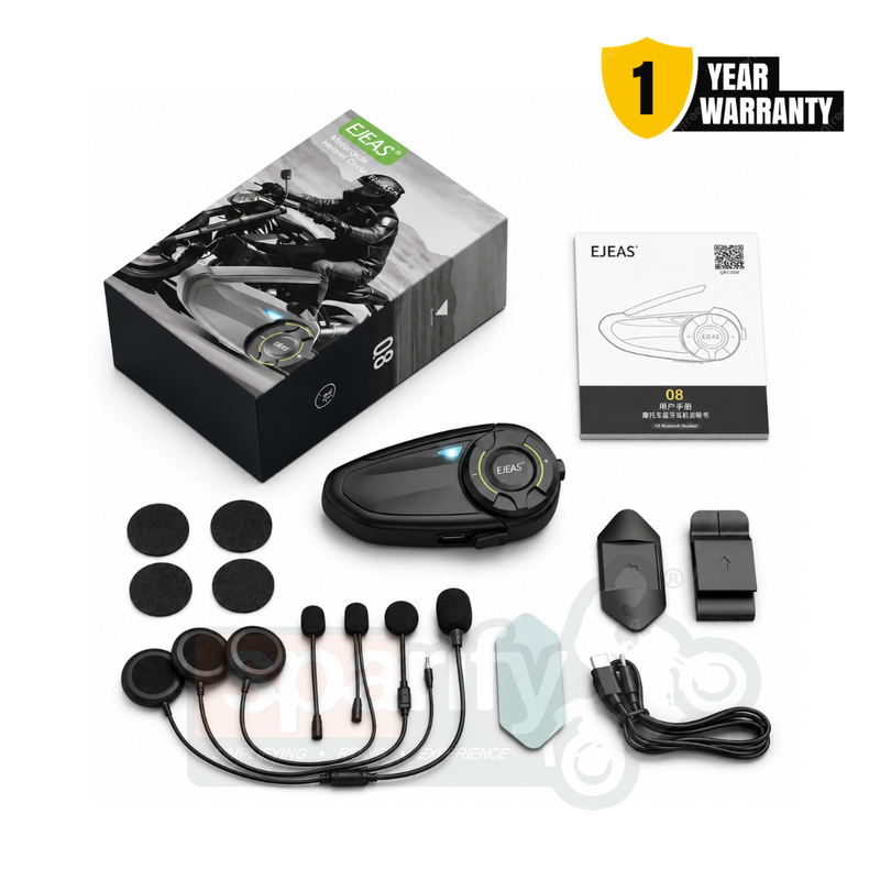 EJEAS Q8 Motorcycle Mesh Intercom, 6 Riders Group Talking at The Same Time - 1 year warranty
