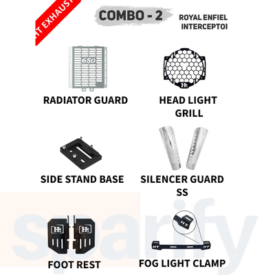 RE INTERCEPTOR 650 RADIATOR GUARD + HEAD LIGHT GRILL + SIDE STAND BASE + SILENCER GUARD + FOOTREST + FOG LIGHT CLAMP COMBO 2