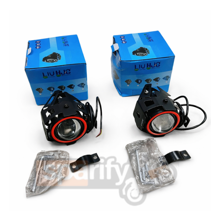 LIU HJG U7 Mini CREE LED Fog Light Work Lamp with Hi/Low, Flashing Beam and Red Angel Eye Ring for Cars and Motorcycles Projector Lens/12V-80V