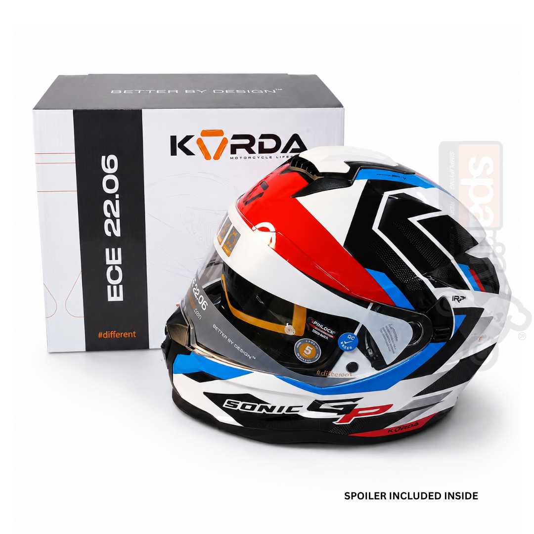 KORDA SONIC GP FLASH GLOSS WHITE RED BLUE FULL FACE HELMET- ECE AND ISI CERTIFIED