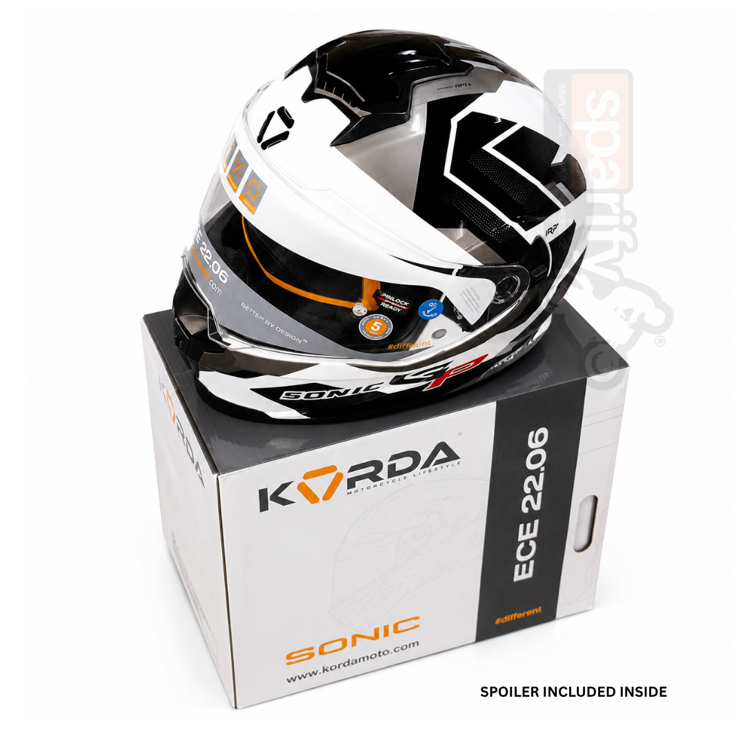 KORDA SONIC GP FLASH GLOSS WHITE BLACK FULL FACE HELMET- ECE AND ISI CERTIFIED