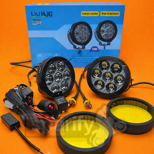 HJG 7 LED | Round White Fog Light | With Yellow Cap (70W) | With Wiring Kit Harness And Switch| Universal for Car, Bike and Motorcycle (set of 2) - PREMIUM