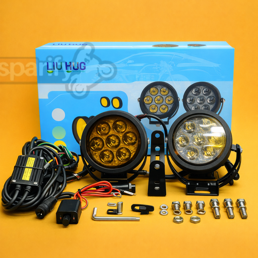 HJG 7 LED Round ( DIMMERSTAT )White Fog Light With Yellow Cap (70W) With Wiring Kit Harness And Switch Spot Driving Lamp Universal for Car, Bike and Motorcycle (set of 2) - PREMIUM