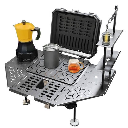 Alpha tourer | Foldable Multi-functional Camping Motorcycle Top Box | 55 litres | Aluminium | Armoured Camping Dining Table (with Backrest cushion pad) - LGP