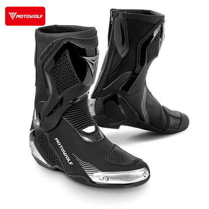 MOTOWOLF BO1 Racing Motorcycle Riding Boots for Unisex | Reinforced Protection, Anti-Slip Sole, All-Weather Riding Boots - BLACK
