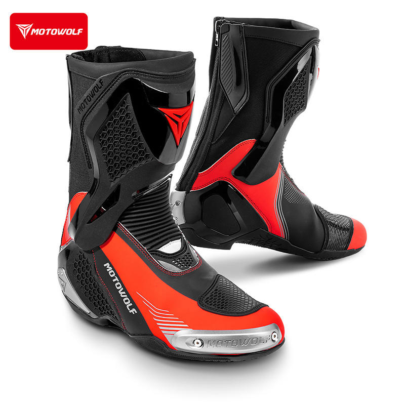 MOTOWOLF BO1 Racing Motorcycle Riding Boots for Unisex | Reinforced Protection, Anti-Slip Sole, All-Weather Riding Boots - BLACK RED