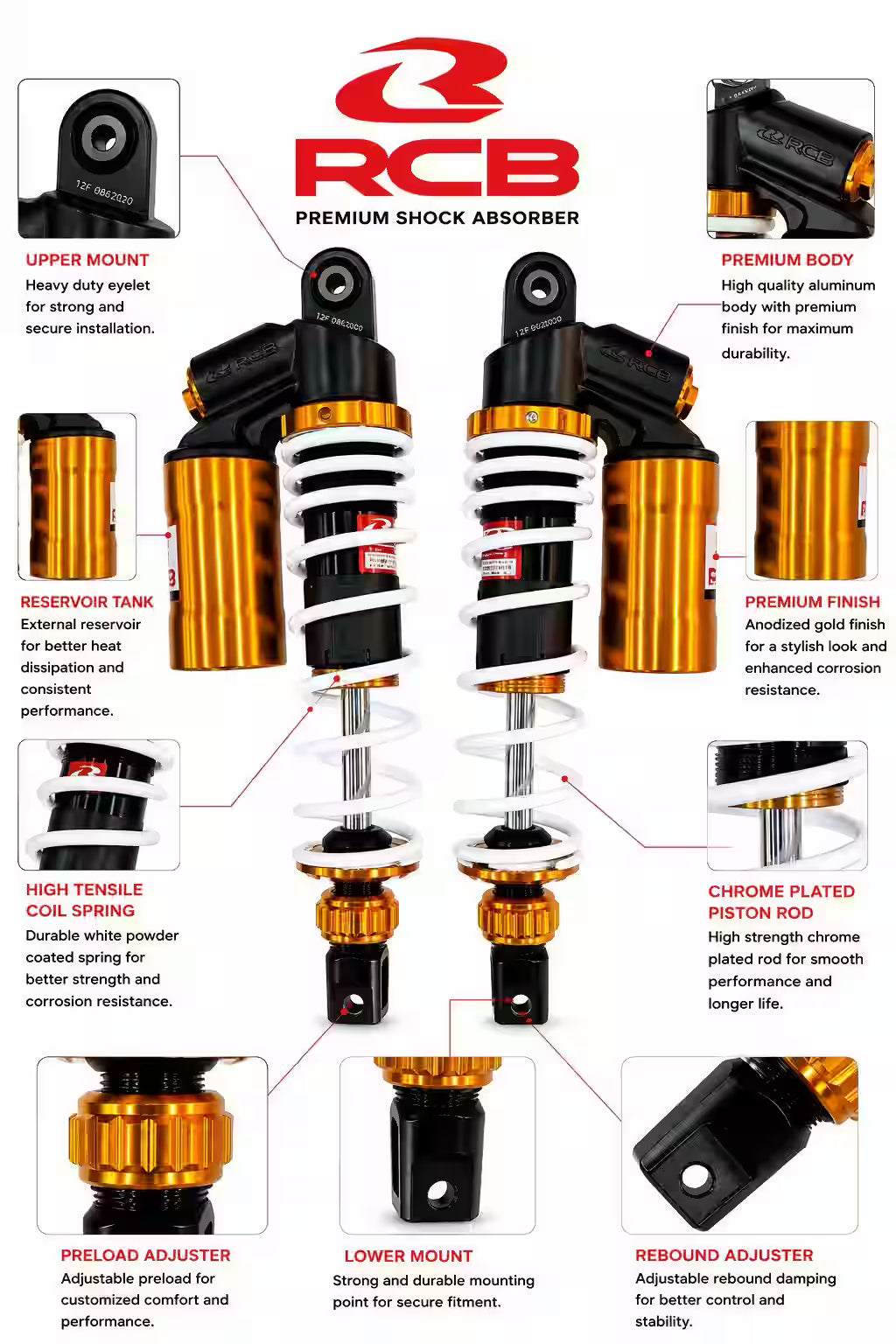 YAMAHA AEROX | RCB DB-2  SERIES | SUSPENSION REAR SHOCK ABSORBER |01A0133W ( White Gold Black ) ( RACING BOY CORPORATION )