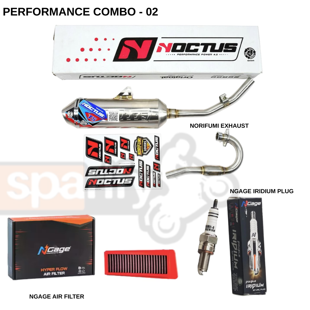 XPULSE 200 Performance Combo Kit – 02 | Norifumi Noctus T5 Exhaust with Removable DB Killer & Bend Pipe + NGAGE Performance Air Filter + NGAGE Double Iridium Spark Plug | Full Performance Upgrade Combo