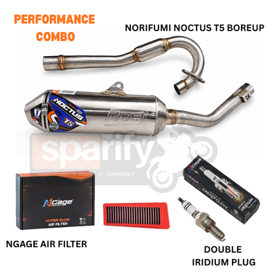 Hero Xpulse 200 Performance Upgrade Combo - 03  | Norifumi Noctus T5 BOREUP Full System Exhaust + NGage Performance Air Filter + NGK Double Iridium Spark Plug