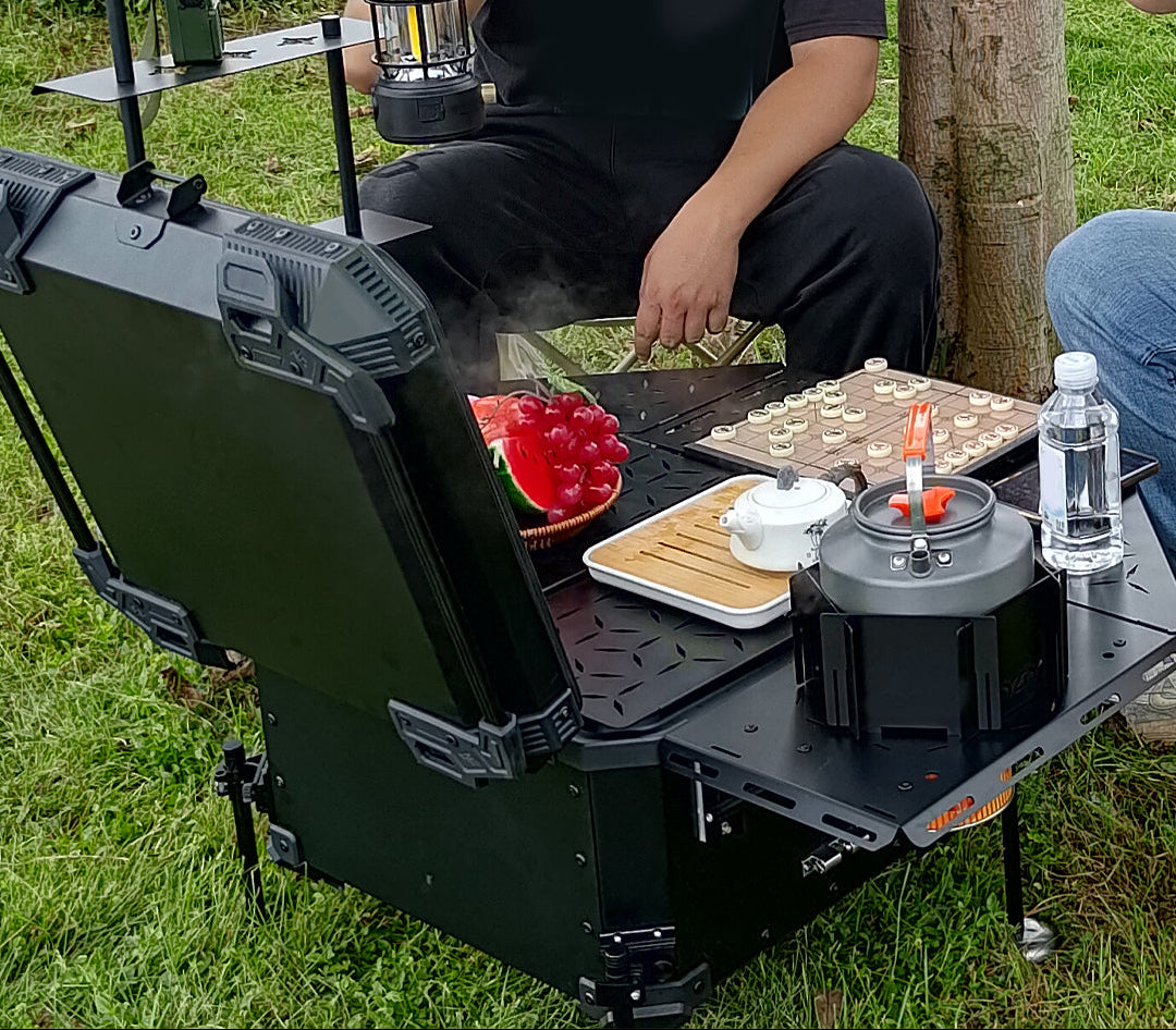Alpha tourer | Foldable Multi-functional Camping Motorcycle Top Box | 55 litres | Aluminium | Armoured Camping Dining Table (with Backrest cushion pad) - LGP