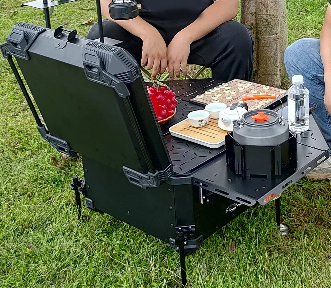 Alpha tourer | Foldable Multi-functional Camping Motorcycle Top Box | 55 litres | Aluminium | Armoured Camping Dining Table (with Backrest cushion pad) - LGP