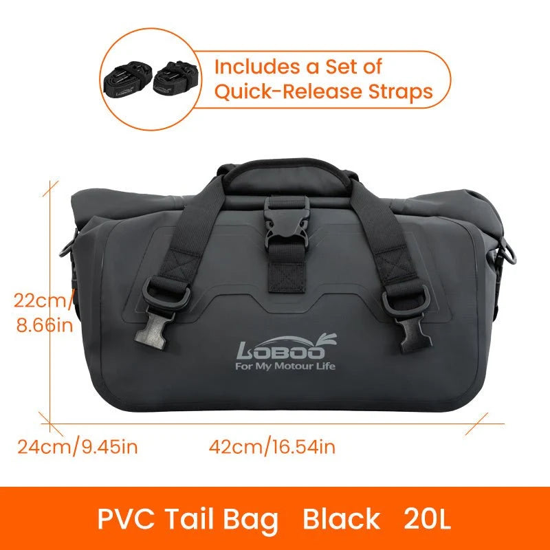 LOBOO 20L Wanderer Magnetic Roll-Top Motorcycle Tail Bag | IPX6 Waterproof Dry Duffel with Air Valve