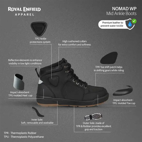 ROYAL ENFIELD NOMAD WATERPROOF MID ANKLE CITY CRUISING BOOTS - BLACK