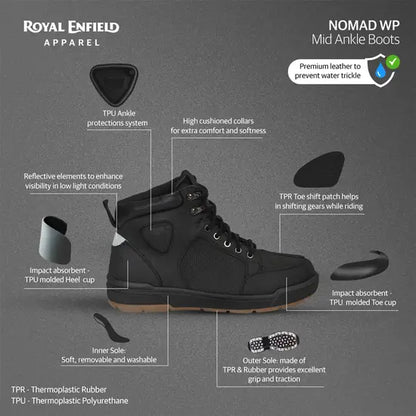 ROYAL ENFIELD NOMAD WATERPROOF MID ANKLE CITY CRUISING BOOTS - BLACK