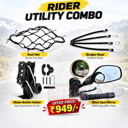 Rider Utility Combo for Motorcycles – Seat Net + Bungee Rope + Water Bottle Holder + Blind Spot Mirror | Universal Bike Accessories Combo