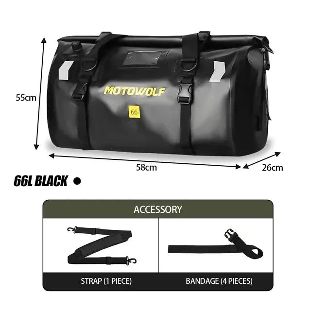 MOTOWOLF | Motorcycle Tail Bag - 66L Waterproof | Duffel Bag for Touring Adventure, Camping, Cycling - BLACK