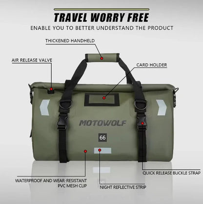 MOTOWOLF | Motorcycle Tail Bag - 66L Waterproof | MDL0717 | Duffel Bag for Touring Adventure, Camping, Cycling - MILITARY GREEN