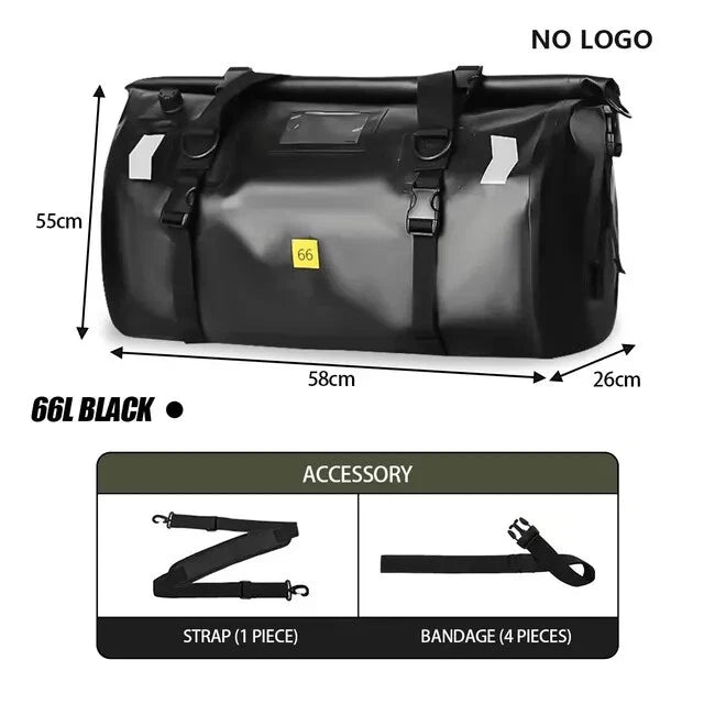 MOTOWOLF | Motorcycle Tail Bag - 66L Waterproof | Duffel Bag for Touring Adventure, Camping, Cycling - BLACK