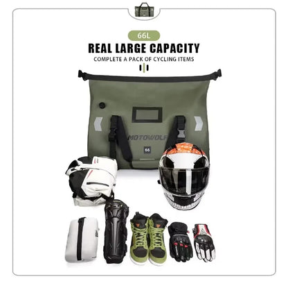 MOTOWOLF | Motorcycle Tail Bag - 66L Waterproof | MDL0717 | Duffel Bag for Touring Adventure, Camping, Cycling - MILITARY GREEN