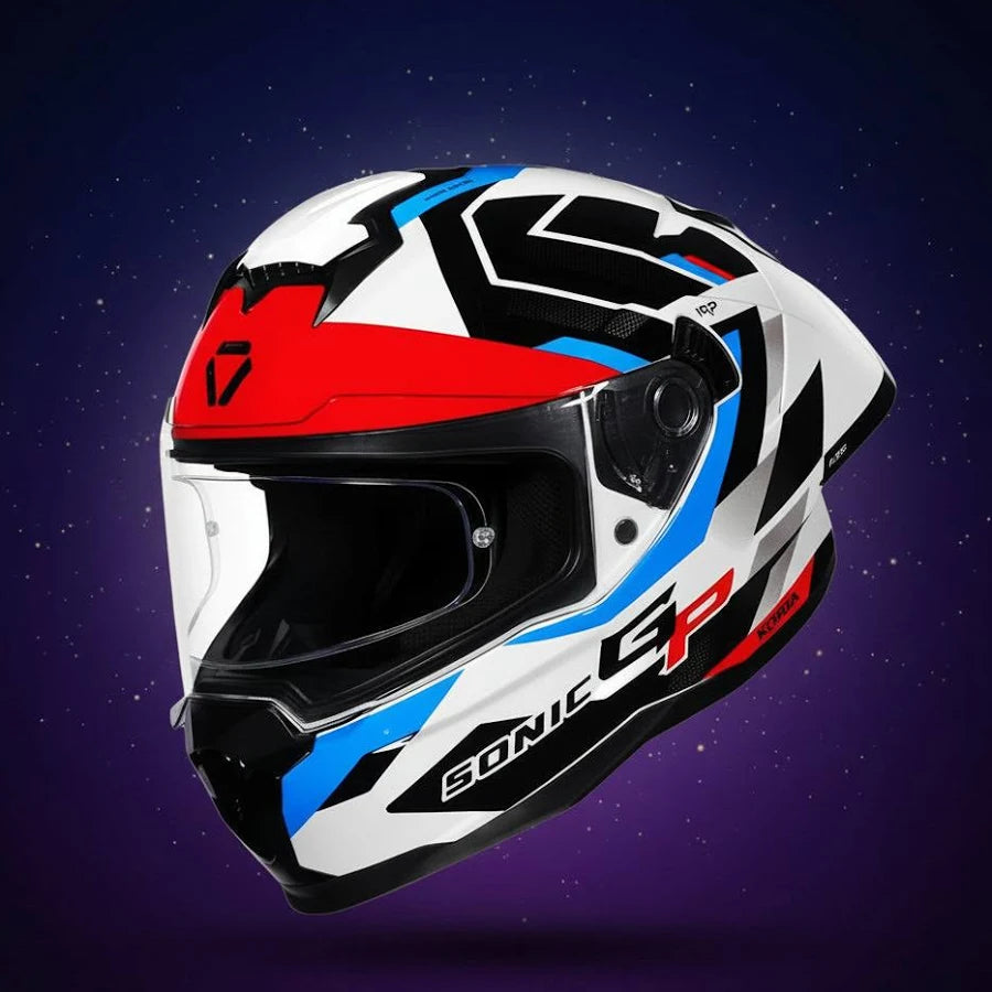 KORDA SONIC GP FLASH GLOSS WHITE RED BLUE FULL FACE HELMET- ECE AND ISI CERTIFIED