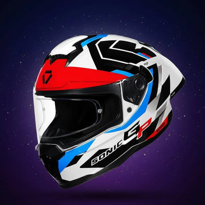 KORDA SONIC GP FLASH GLOSS WHITE RED BLUE FULL FACE HELMET- ECE AND ISI CERTIFIED