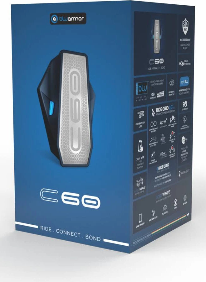 Bluarmor C60 Helmet bluetooth Intercom device with ANC, Collision Warnings, Crash Detection, Earphone, GPS Navigation, Hands Free Calling, Integrated Speakers, Microphone, Motion and Impact Sensors, Voice Assist (1200 m 16 hr)